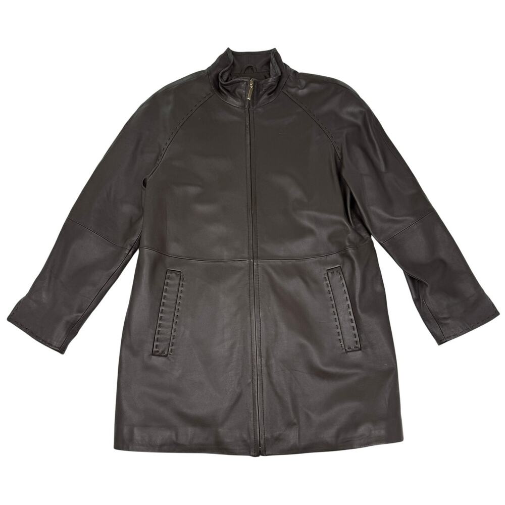Worthington Genuine Lambskin Leather Coat Brown Zip Front Long Jacket Petite L